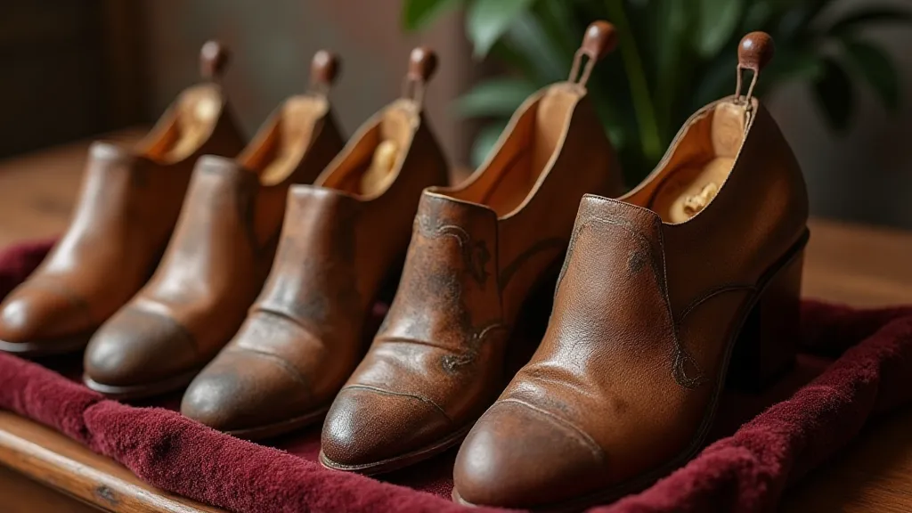 A collection of vintage shoehorns displayed on a velvet-lined tray.