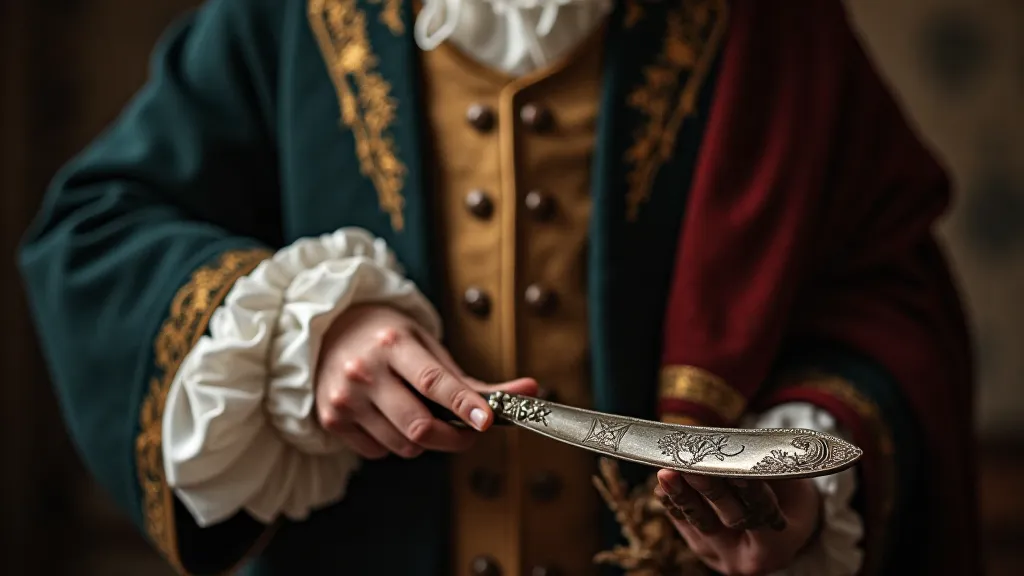 A silver shoehorn with an ornate handle, held by a gentleman in period clothing.