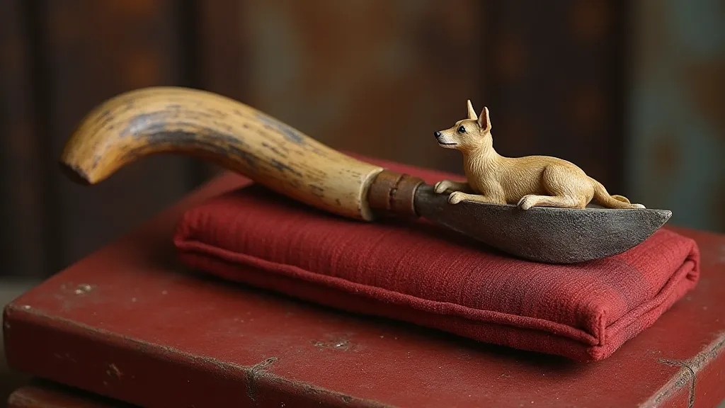 Vintage horn shoehorn with a carved hunting dog handle