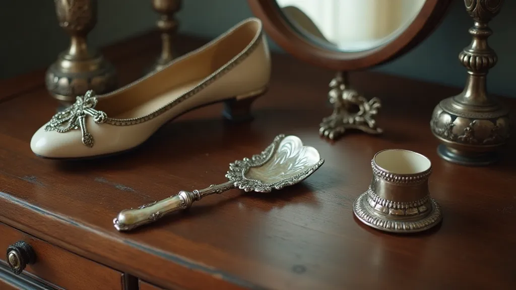 A delicate silver shoehorn with a mother-of-pearl handle, resting on a vintage dressing table.