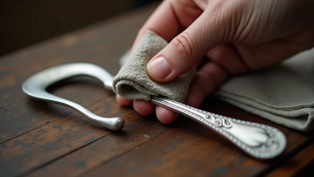 Silver shoehorn being cleaned with polishing cloth