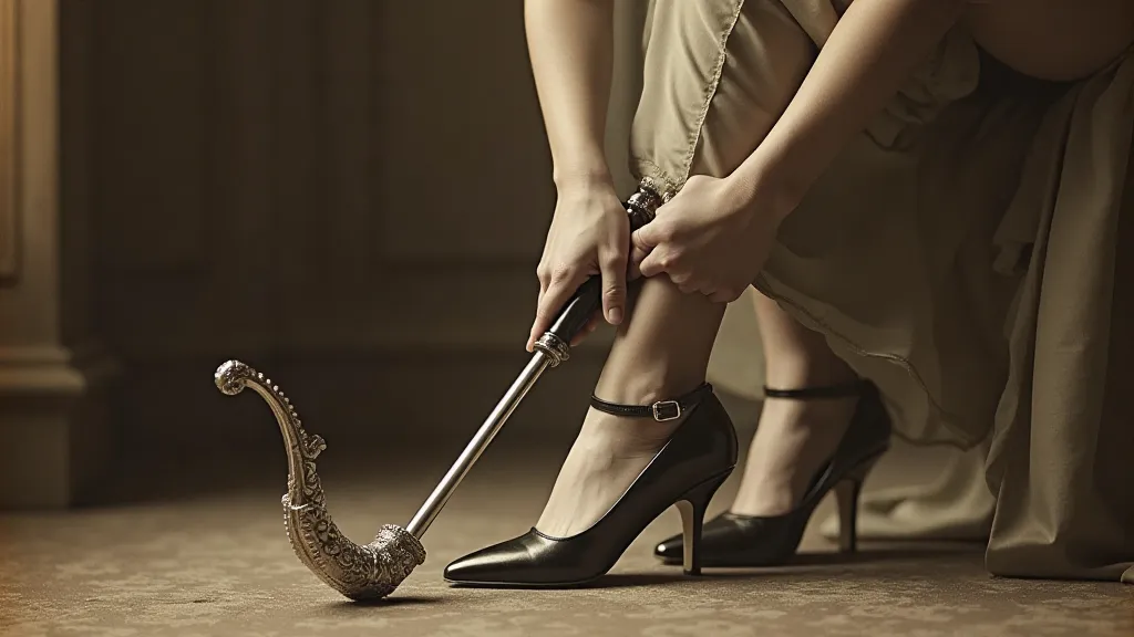 Victorian lady using shoehorn